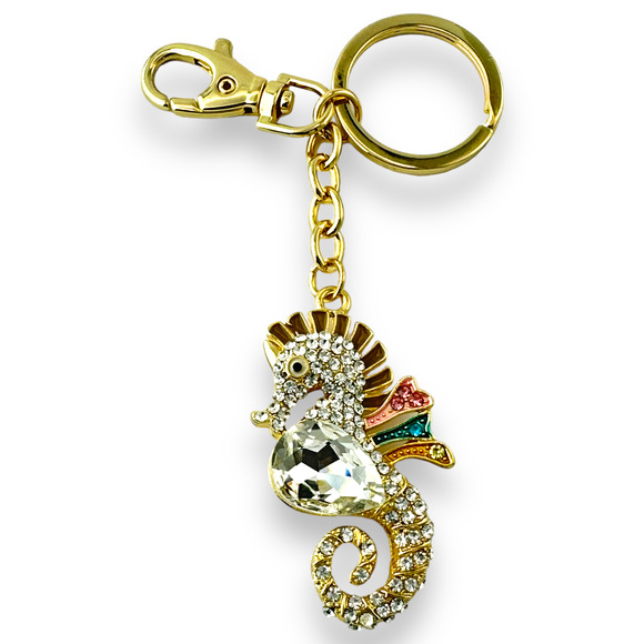 Seahorse Keychain, w/ Rhinestones Gold-tone Split Key Ring & Clip, w/ Gift Bag - Picture 1 of 4